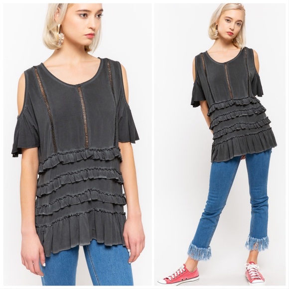 Charcoal Boho Burnout Cold Shoulder Ruffle Top - Picture 2 of 9